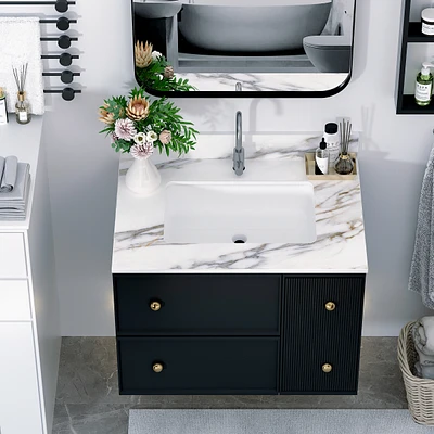 31 Inch Marble Vanity Top, Bathroom Vanity Top with Undermount Rectangular Middle Sink and 4" Height Backsplash, Pre-Drilled Faucet Hole Vanity T