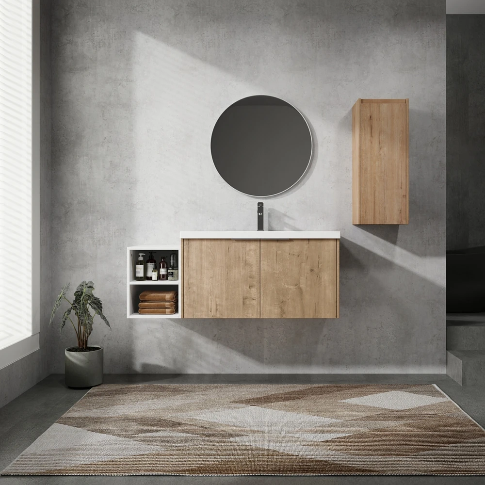 48" Wall-Mounted Bathroom Vanity With Sink and Side Cabinet