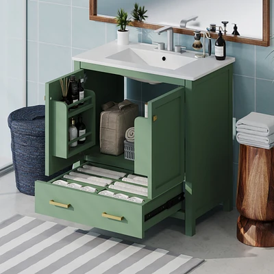 30 Inch Green Bathroom Vanity with Single Sink, Combination Under Counter Sink, Bathroom Storage Cabinet with 2 Doors and a Drawer, Soft Closure, Mult