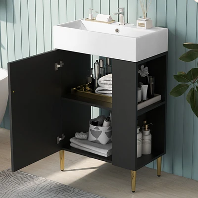 21.6" Black Bathroom vanity, Combo Cabinet, Bathroom Storage Cabinet, Single Ceramic Sink