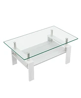 Simplie Fun Rectangle Coffee Table, Tempered Glass Tabletop with Mdf Layer, Modern Table for Living Room, Transparent Glass