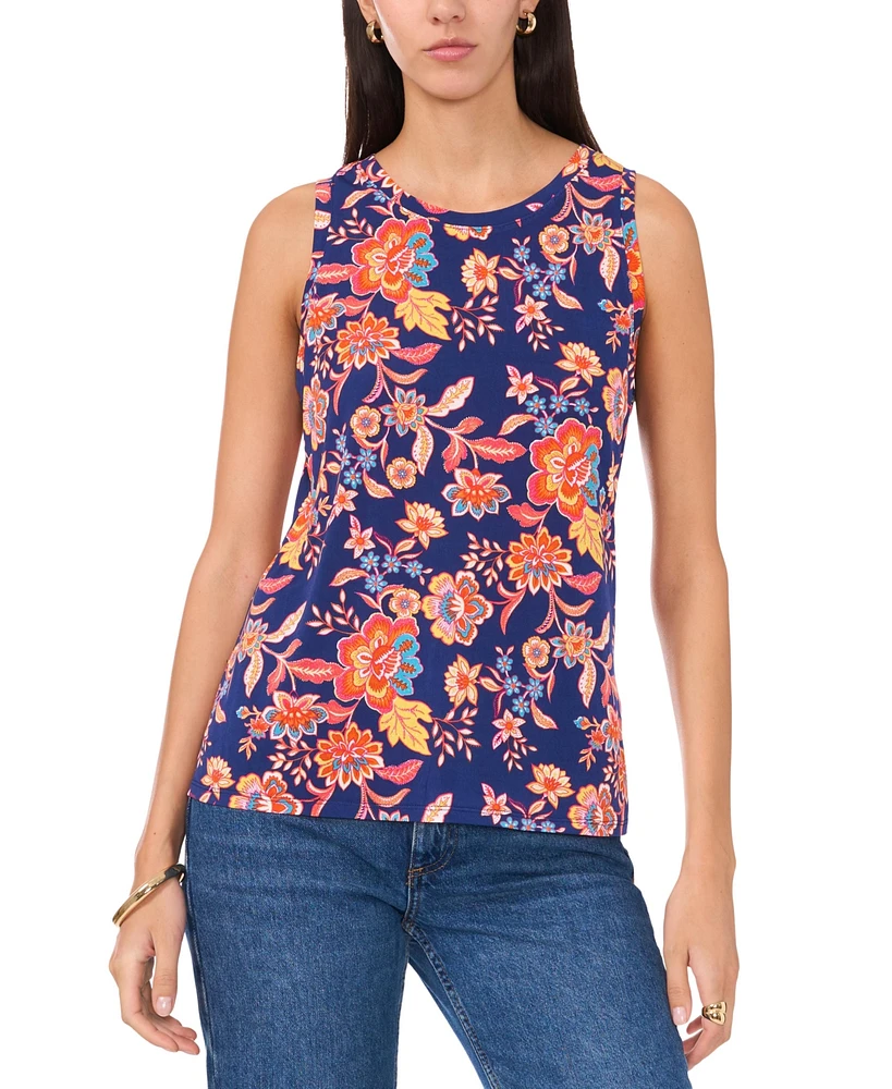 Vince Camuto Women's Floral-Print Crewneck Split Back Keyhole Tank Top