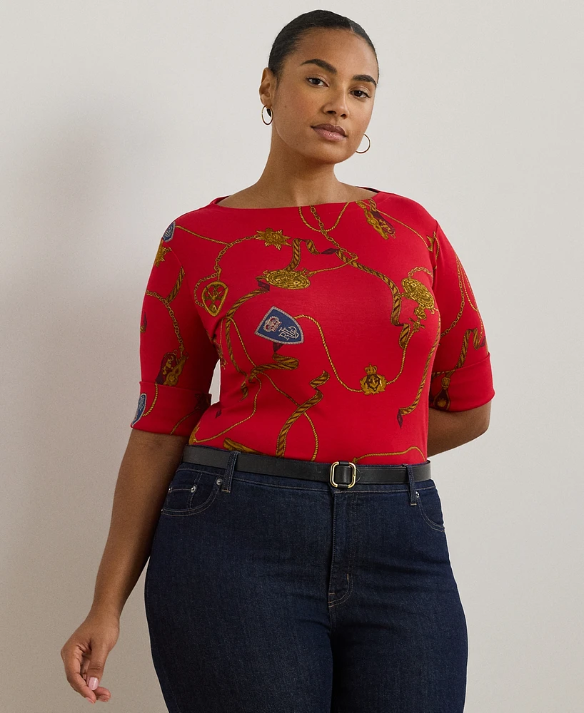 Lauren Ralph Plus Belting-Print Elbow-Sleeve Tee