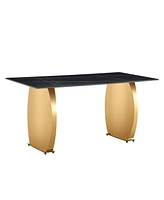 Simplie Fun Table and chair set, Modern rectangular table with 0.4 inch black patterned tabletop and gold legs, suitable for kitchen, dining room, and