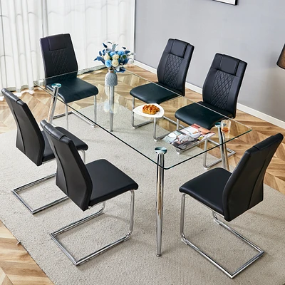 Simplie Fun Table and chair set.Modern rectangular glass dining table with a tempered glass tabletop and silver metal legs