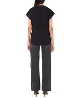 Vince Camuto Women's Mixed-Media Split-Neck Short-Sleeve Top