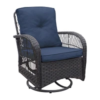 3 Pieces Conversation Set, Outdoor Wicker Rocker Swivel Patio Bistro Set, Rocking Chair with Glass Top Side Table, Navy Blue
