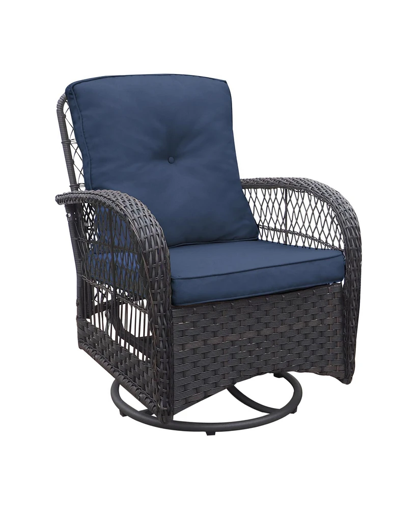 Simplie Fun 3 Pieces Conversation Set, Outdoor Wicker Rocker Swivel Patio Bistro Set, Rocking Chair with Glass Top Side Table, Navy Blue