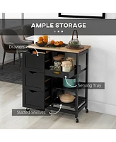 Rolling Kitchen Island Cart, Bar Serving Cart, Compact Trolley on Wheels with Wood Top, Shelves & Drawers for Home Dining Area, Black