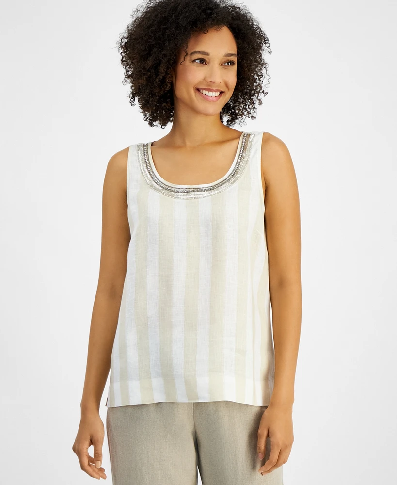 Charter Club Women's 100% Linen Embellished Striped Tank Top, Exclusively at Macy's