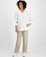 Charter Club Women's Linen Woven 3/4-Sleeve Top, Exclusively at Macy's