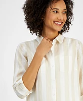 Charter Club Petite Linen Striped Roll-Tab-Sleeve Shirt, Exclusively for Macy's