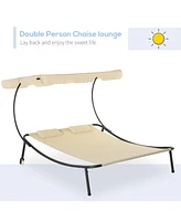 Simplie Fun Patio Double Chaise Lounge Chair, Outdoor Wheeled Hammock Daybed with Adjustable Canopy and Pillow for Sun Room, Garden, or Poolside, Beig