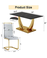 Streamdale Furniture Table and chair set.Modern rectangular dining table with black textured stickers glass tabletop and gold plated metal legs.Paired