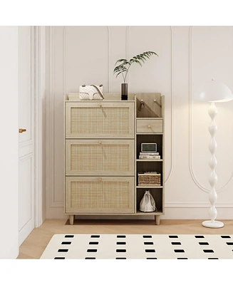 Natural Bohemia Style Shoe Cabinet, Shoe Rack Cabinet with 3 Rattan Flip Drawers,3 Square Shelves and 1 Storage Drawer, Shoe Organizer with Mulit Stor
