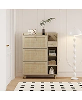 Natural Bohemia Style Shoe Cabinet, Shoe Rack Cabinet with 3 Rattan Flip Drawers,3 Square Shelves and 1 Storage Drawer, Shoe Organizer with Mulit Stor