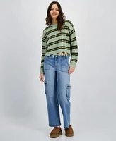 Hooked Up by Iot Juniors' Crewneck Stripe Sequin Cable-Knit Sweater