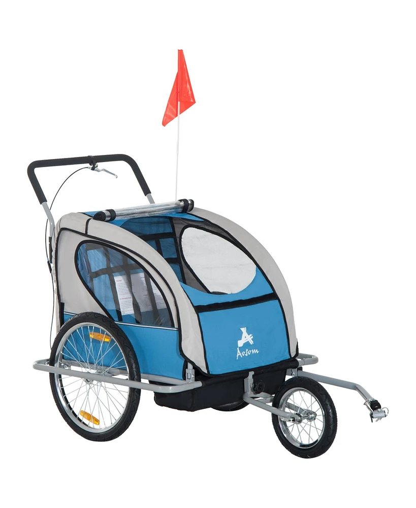 Streamdale Furniture Elite Three-Wheel Bike Trailer for Kids Bicycle Cart for Two Children with 2 Security Harnesses & Storage, Blue