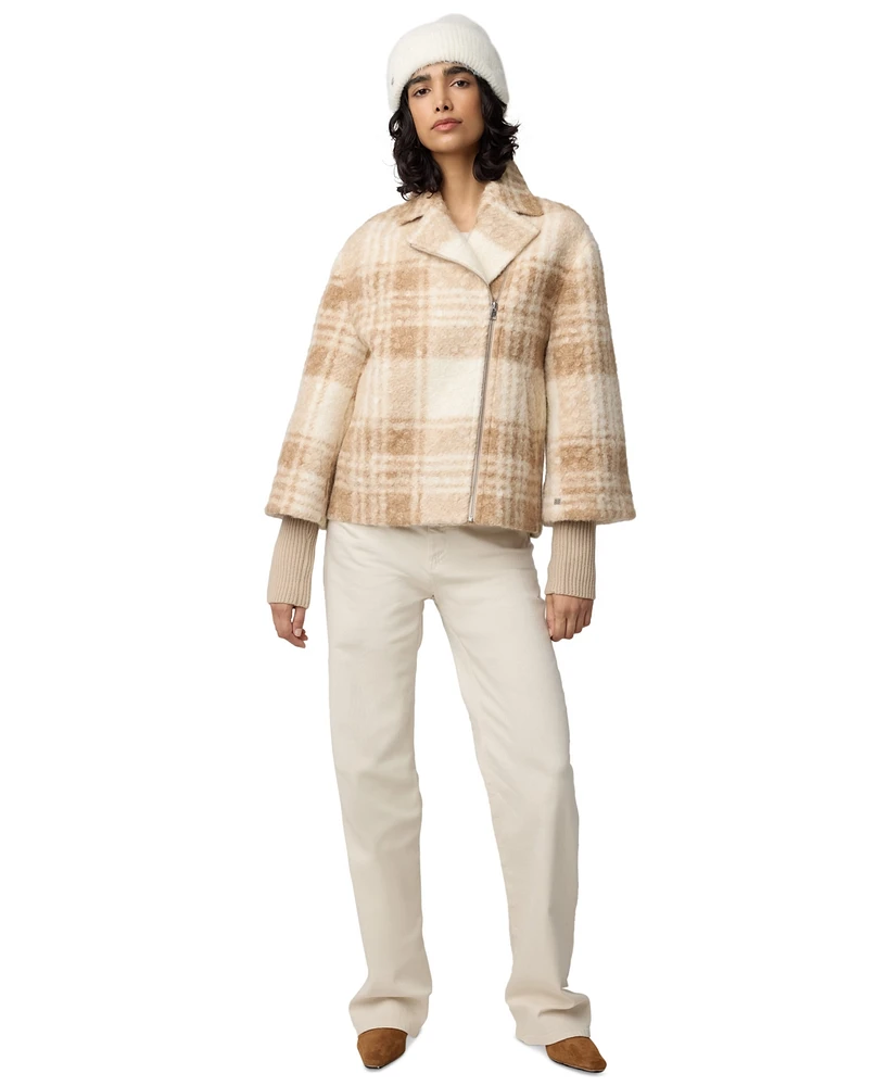 Soia & Kyo Women's Asymmetric Knit-Sleeve Plaid Coat