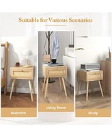 Gymax 2 Pcs Nightstand Bedside Sofa Table with Rattan Drawer for Bedroom & Living Room