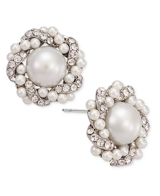 Charter Club Silver-Tone Pave & Imitation Pearl Cluster Button Earrings, Created for Macy's