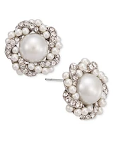 Charter Club Silver-Tone Pave & Imitation Pearl Cluster Button Earrings, Created for Macy's