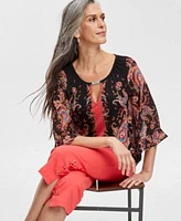 Jm Collection Womens Printed Ruffle Chiffon Sleeve Top Capri Pants Created For Macys