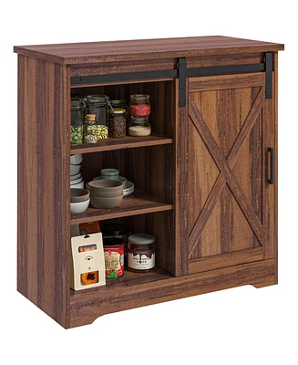 Farmhouse Coffee Bar Cabinet, 33" Buffet Sideboard with Sliding Barn Door and Adjustable Shelf, Kitchen Buffet Cabinet, Brown