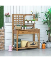 Simplie Fun Potting Bench Table, Garden Work Bench, Outdoor Wooden Workstation with Tiers of Shelves and Drawer for Patio, Courtyards, Balcony, Brown