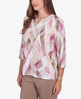 Alfred Dunner Petite Telluride Geometric Glass Split Neck Top