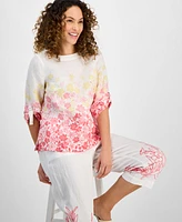 Charter Club Petite Linen Ombre Floral Print Top, Exclusively at Macy's