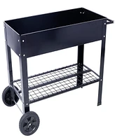 Streamdale Furniture Products Elevated Mobile Raised Ergonomic Metal Planter Garden Bed for Backyard, Patio w/Wheels, Lower Shelf, black