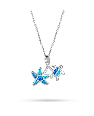 Bling Jewelry Nautical Tropical Beach Vacation Iridescent Blue Created Opal Inlay Sea Turtle Starfish Pendant Necklace For Women .925 Sterling Silver