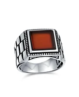 Bling Jewelry Watch Band Style Natural Red Agate Statement Rectangle Signet Ring Silver