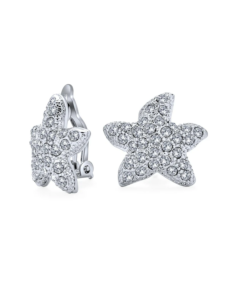 Bling Jewelry Pave Crystal Starfish Clip On Earrings Non Pierced Ears Silver Plated