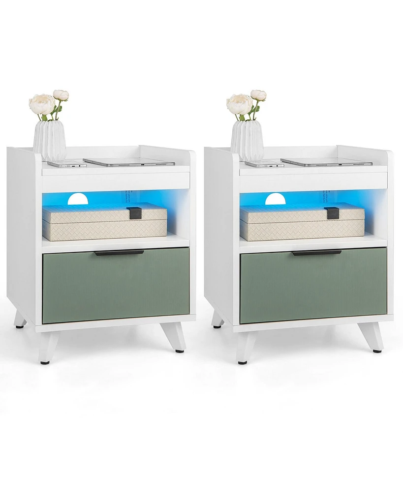 Gymax 2PCS Nightstand Modern Beside End Table w/ Led Lights Open Compartment & Drawer