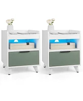 Gymax 2PCS Nightstand Modern Beside End Table w/ Led Lights Open Compartment & Drawer