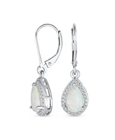 Bling Jewelry Traditional Elegant Cz Accent Halo Solitaire White Created Opal Teardrop Earrings Pendant Jewelry Set For Women .925 Sterling Silver