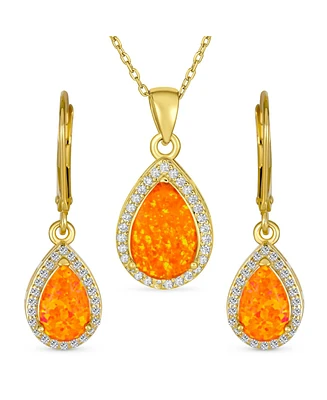 Bling Jewelry Antique Estate Style Elegant Cz Accent Halo Solitaire Fire Orange Created Opal Teardrop Earrings Pendant Jewelry Set For Women Gold Plat