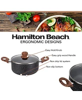 Hamilton Beach 3 Quart Nonstick Marble Coating Even Heating Round Dutch Oven Pot with Glass Lid and Wooden Like Soft Touch Handle, Dutch Oven Pot, Bra