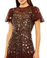 Mac Duggal Women's Flutter Sleeve Sheer Top Beaded Dress