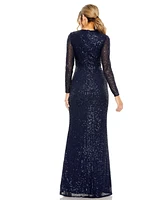 Mac Duggal Women's Sequined Long Sleeve Side Knot Gown