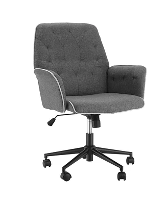 Linen Home Office Chair, Tufted Height Adjustable Computer Desk Chair with Swivel Wheels and Padded Armrests, Dark Gray