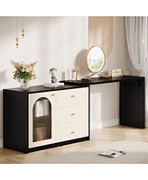 Tribesigns Modern Makeup Vanity, Retractable Large Vanity Desk with 3 Drawers and Cabinet, Makeup Corner Dressing Table for Bedroom