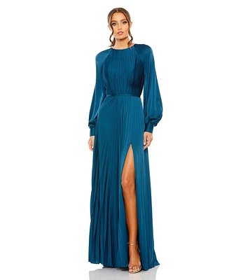 Mac Duggal Women's Ieena Long Sleeve Pleated High Neck Gown