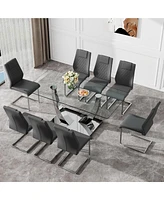 Simplie Fun Table and chair set.Contemporary, minimalist rectangular dining table featuring a clear tempered glass top and sleek silver legs. Paired w