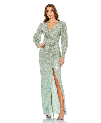 Mac Duggal Women's Embellished Faux Wrap Puff Sleeve Gown