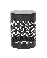 Modern Cylindrical Metal End Table With Iron-Cut Design