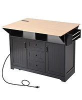 55.7" Large Kitchen Island with 2 Drop Leaf,, Rolling Kitchen Cart on 5 Wheels with Power Outlet, Folding Storage Dining Table with Spice & Towel