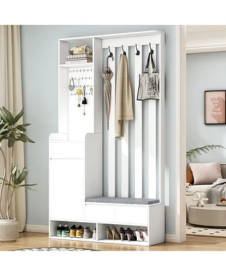 Contemporary 39.3" Wx70.8" H Hall Tree Storage with Cushioned Storage Bench, Multifunctional Hallway Shoe Cabinet with Pegboard, Modern Coat